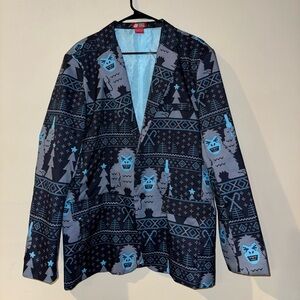 Blue and Black Pattern Yeti Abominable Snowman Holiday Novelty Blazer Jacket